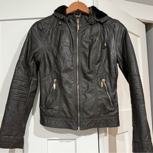 Dark grey/brown Faux Leather Jacket with Hood